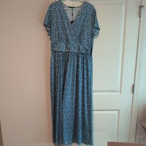 Blue and White Ruffled Tie Front Maxi Dress